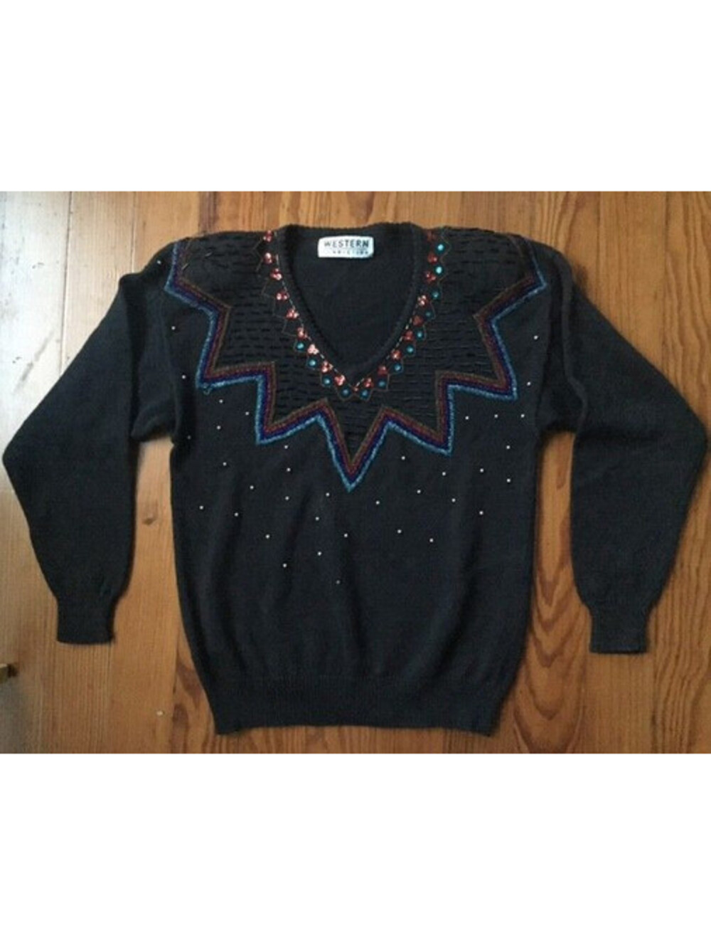 WESTERN CONNECTION VINTAGE BEADED SWEATER LS V Neck BROWN Womens Size S M